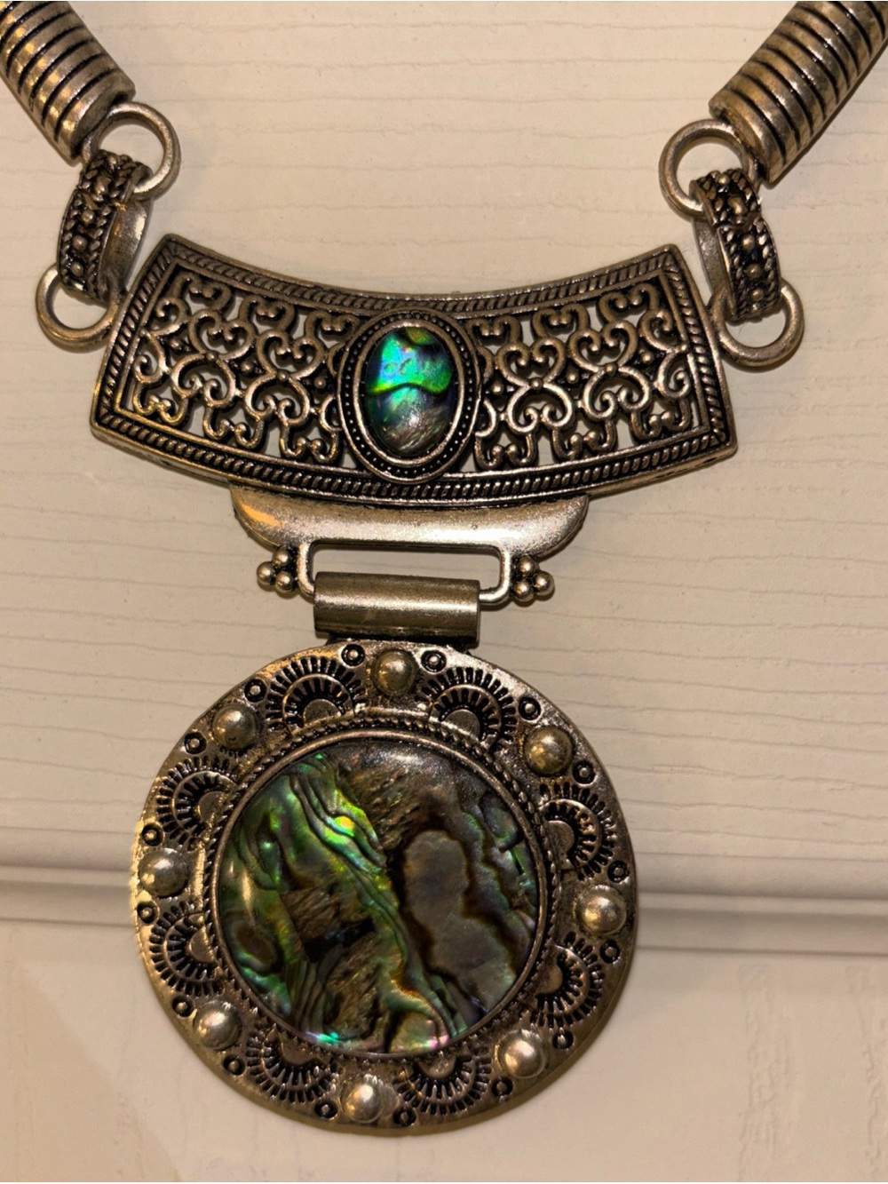 Statement Abalone Pendant Necklace in Green and Silver - Picture 2 of 6